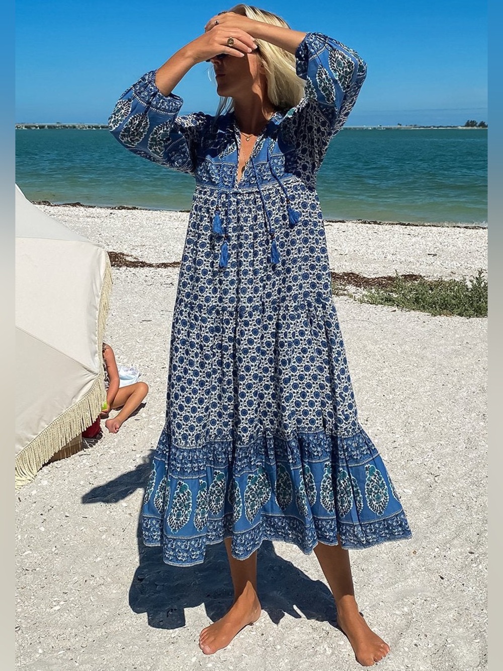 Emerson Fry India Collection Heirloom Midi Dress in Blue Block Print